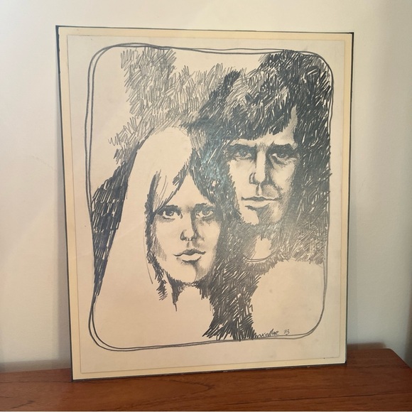 Original portrait, pencil M Keller 1973 drawing on board Mcm retro vintage - Picture 5 of 17